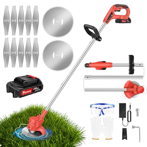 21V Cordless Garden Strimmer with Li-ion Battery and Charger, Cordless Grass Trimmer and Lawn Edger, 90° Head Rotation Electric Strimmer with 2 Types Blades Brush Cutters for Garden and Lawn Mowing