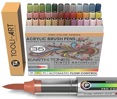 36 tons de terre Stylos de peinture acrylique à pointe flexible avec contrôle de débit automatique de 1-5 mm pour peinture sur roche, coloriage, calligraphie, scrapbooking, verre, tasses, bois, métal