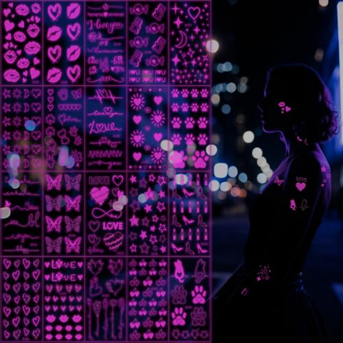 Xmasir UV Neon Temporary Tattoos, 387 Pcs Valentines Pink Tattoo Stickers | Heart Shaped Fake Waterproof Tattooing, Glow In The Dark Tattoos for Girls and Women, Body Face Art Halloween Party Decor