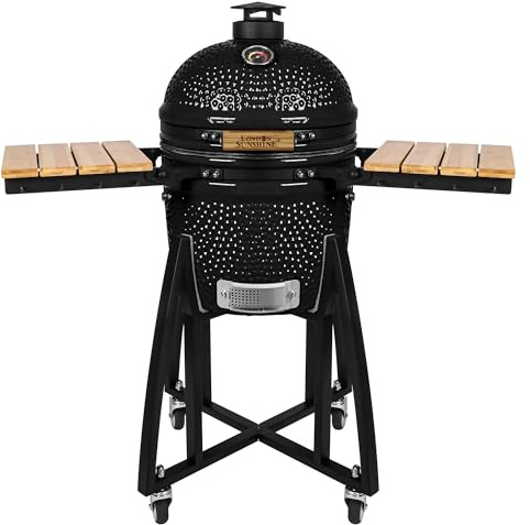 London Sunshine 15 Zoll Keramik Kamado Kohlegrill und Raucher mit abschließbaren Rädern, zusammenklappbaren Seiten, Edelstahlgitter und hohem Stand (schwarz)