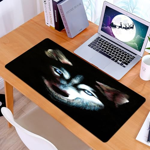 KDWJS Gaming Mauspad XXL 90x40cm Mousepad Groß Vernähte Kanten Anti-Rutsch für PC,Husky Original Ölgemälde auf schwarzem Samt Hund mit blauen Augen Imp,Laptop Verbessert Präzision und Geschwindigkeit