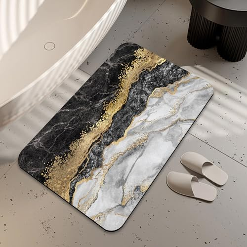 LUOENY Non-Slip Bath Mat 75x43 cm, Absorbent Quick Drying Thin Bathroom Mat for Bathtub Side Floor, Easy to Clean, Black White Gray Gold Marble