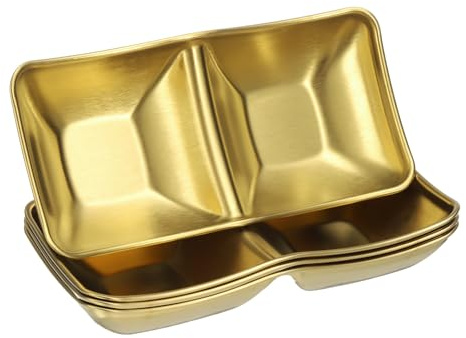 QUARKZMAN 4 Stück Edelstahl Soßenschale 2 Fach Sushi Soßen Gold | Unterteilte Dip Schalen Metall Gewürzschalen Vorspeisen Servier Tablett Soßenschale, Für Zuhause Küche BBQ