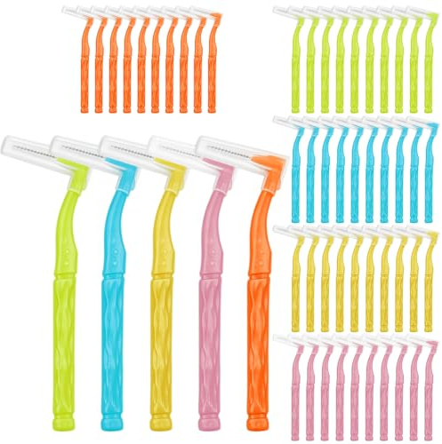kelav 50 Stück Interdentalbürsten L-Form 5 Farben, Zahnzwischenraumbürsten mit Rutschfestem Griff, Dentalbürsten für Zahnreinigung Zwischenräume