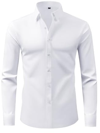 Okdance Mens White Long Sleeve Shirts 4-Way Stretch Wrinkle Free Long Sleeve Button Down Shirts Casual Business Office Shirt (UK, Alpha, L, Regular, Regular, White)