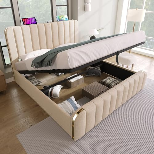 vutizal Komfortables Polsterbett 160x200cm Beige – Doppelbett mit Gold-Akzent & USB-C, Verstellbarem Kopfteil & Hydraulik, Lagerbett für kleine Räume, Leinen