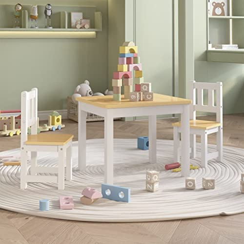 IBUQDDV 3-TLG. Kinder-Sitzgruppe Weiß und Beige MDF Tisch und Stühle Set für kreative Aktivitäten und Lernspiele, robuste Möbel mit abgerundeten Kanten, praktische Sitzgruppe