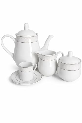 Generico Servizio Caffè Dorica 27 Pezzi in Porcellana Bianca – 12 Tazzine con 12 Piattini + Caffettiera, Lattiera e Zuccheriera – Set Elegante con Decoro Argento