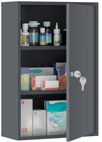 kleankin Medizinschrank Abschließbar Metall mit 3 Fächer 40x18x60cm Grau | Arzneischrank zur Medikamenten-Aufbewahrung, Medikamentenschrank, Erste-Hilfe-Schrank