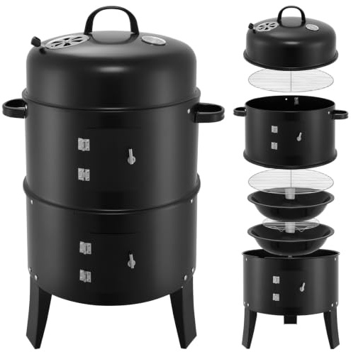Smoker Grill 3-in-1 Räuchergrill,Holzkohle&Räucherfass,80cm Höhe, Ø41cm,Eisen,2 Roste,Thermometer,Luftklappe,zweitürig,zerlegbar, für Camping/Garten,Grill Smoker als Tischräucherofen für 2-6 Pers.