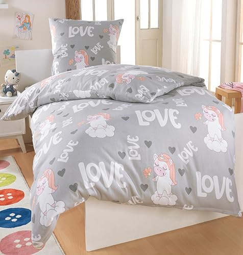 DreamHome Fein-Biber Bettwäsche 135x200 Baumwolle Biber, extra Flauschige Bettbezug, Einhorn Bettdecke, kuschelige Kinder Bettwäsche