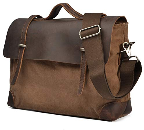 Messenger Bolso Vintage Canvas para Hombres y Mujeres de Cuero Reales 15 MacBook Pro/Laptop de 14 maletín Bolsa de Hombro para Business Work School College el Uso Diario (Cafe)