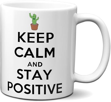 Planetacase Taza Keep Calm and Stay Positive - Taza Frase Positiva - Diseño Original - Apta para Microondas y Lavavajillas - 330 mL, Cerámica