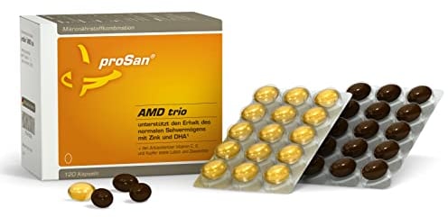 proSan AMD trio Kapseln | unterstützt den Erhalt des Sehvermögens mit Zink & DHA | Nach AREDS2-Studie: Lutein, Zeaxanthin, Vitamin C, E, Zink, Kupfer + extra hoch dosierte Omega-3-Fettsäuren DHA +EPA