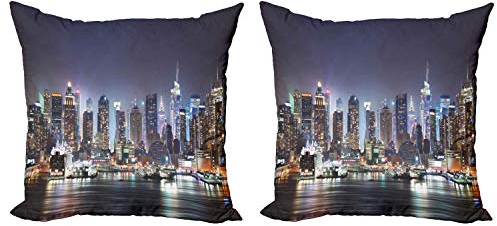 ABAKUHAUS New York Dekokissen Kissenbezug 2er Pack, Manhattan-Skyline nachts, Modern Accent Doppelseitiger Digitaldruck, 50x50, Orange Blau