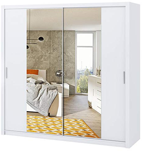 Selsey Rinker – Schwebetürenschrank/Kleiderschrank 2-türig mit 2 Kleiderstangen, 220 cm (Weiß Matt mit Spiegel)