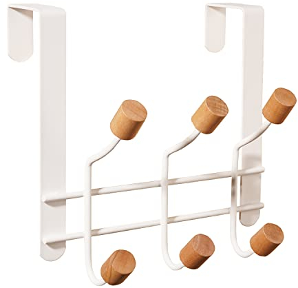 HYMIKO Over The Door Hooks, Sturdy Metal Organizer Rack With 6 Wooden Hooks for Hanging Coats, Hats, Robes, Towels - Bathroom Bedroom Door Hangers - White