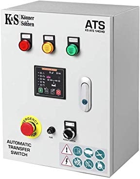 La unidad ATS KS ATS 4/63HD (conmutación automática a corriente de emergencia) inicia automáticamente el generador y transmite la carga cuando se inte