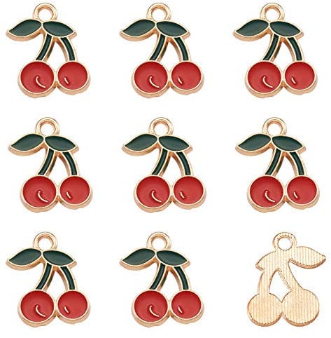 Cheriswelry 100pcs Enamel Pendant Cherry Dangle Charms Light Gold for Jewellery Necklace Earrings Keychain Making