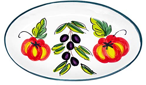 Lashuma Keramik Teller 26x16 cm, ovale Servierplatte Motiv: Tomate Olive, Italienische Wurstplatte