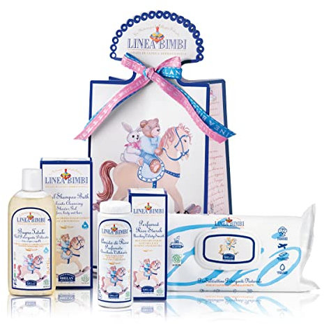 Helan, Linea Bimbi – Juego de baño para bebé con champú y gel de ducha para niños y bebés, con aceite de almendras dulces de 250 ml + almidón de arroz para bebé con aloe vera de 75 g + 60 toallitas