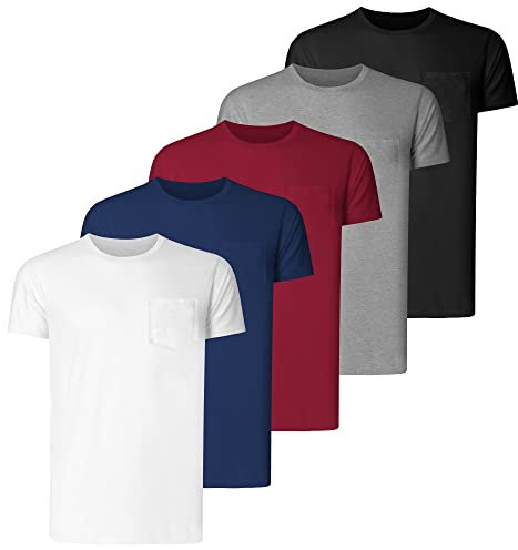 Teesmen Mens Plain T Shirt 5pack Cotton Multipack Crew Neck Tees Work Summer Short Sleeve Breathable T Shirt for Men(Pocket Mixed Color M)