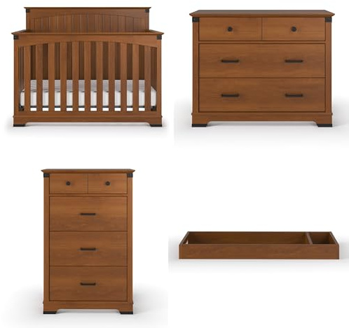 Child Craft Redmond Design 4-in-1 Convertible Baby Crib Nursery Furniture Set - Baby Bed, Dresser, Changing Table Topper and Chest Drawer for Babies, Toddlers and Kids (4 Piece - Coach Cherry)