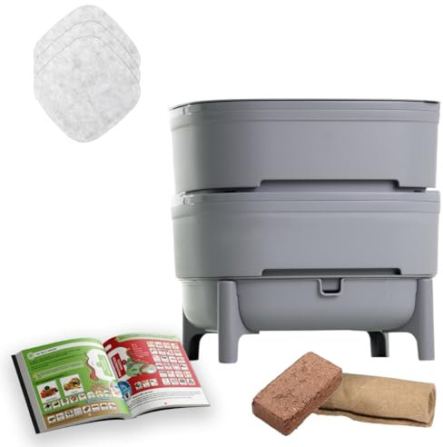 WORMcube Gris Design & Compact I Vermicompostador 2 bandejas I Kit Completo I Filtro de Parada de ahogamiento de lombriz