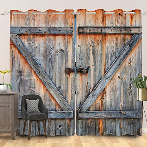 SDOTPMT 117x229cm Hölzern Scheune Tür Fenstervorhang Western Jahrgang Schick Holz Planke Fenstervorhänge Rustikal Bauernhaus Blickdichte Vorhänge für Wohnzimmer Verdunkelung Vorhänge, 2 Stücke