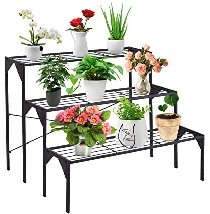 GOPLUS Support pour plantes en acier à 3 niveaux, support de rangement pour pots de fleurs en échelle, porte-plantes, conception ultifonctionnelle, support de plantes robuste