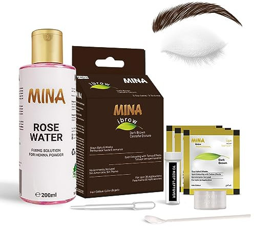 Mina ibrow - Tinte para el cabello, color marrón oscuro, polvo natural de larga duración con agua de rosas para fijación de henna, a prueba de agua y manchas, sin amoníaco, sin plomo, con cobertura