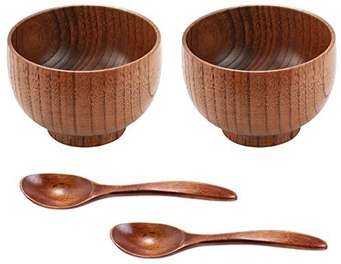 Tiamu Bol en naturel bois de jujube avec cuillères, japonais bol à soupe de nouilles de riz, Petits à dessert, bol à Salade Service Bol de vaisselle pour tremper, condiments, noix, crème glacée