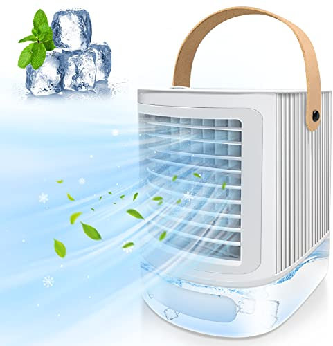 Mini Air Cooler, Personal Small Air Conditioner, 3 Wind Speeds, 7 Night Light, 700ml Water Tank, Portable Evaporative Coolers Unit with Handle, Desktop Cooling Mist Fan for Car, Home, Bedroom