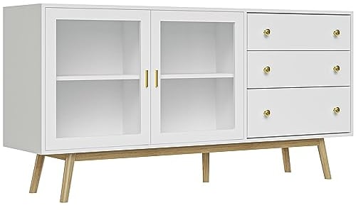 HOMCOM Aparador de Cocina Moderno Aparador de Salón Mueble Vitrina con 2 Puertas de Vidrio 3 Cajones y Patas de Madera de Caucho para Comedor 160x40x80 cm Blanco