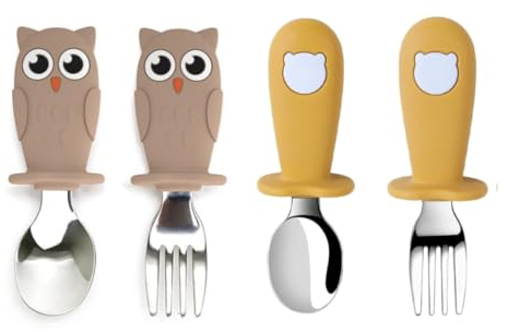 Lot de 4-Set couvert bebe enfant repas diversification alimentaire bébé-fourchette enfant cuillere bebe 1er age apprentissage dme montessori-vaisselle anti etouffement silicone cadeau naissance mois