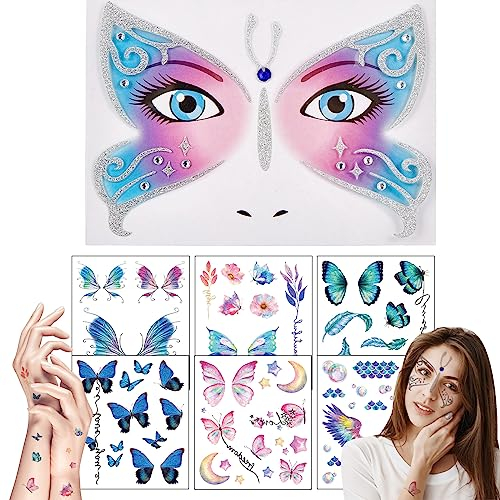 Sugeru 7pcs Schmetterling Face Art & Tattoo Sticker - Butterfly,ablösbare Gesicht Aufkleber, Temporäre Tattoos, Glitzer Face Paint für Fasching, Karneval, Halloween, Kinder und Erwachsene, bunt