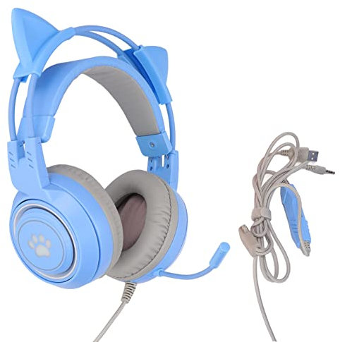 KAKAKE Gaming Over Ear Headset, cuffia da gioco con orecchio di gatto omnidirezionale con cancellazione del rumore Regolazione del volume in ABS per PC per XboxOne per ragazze(Blu)