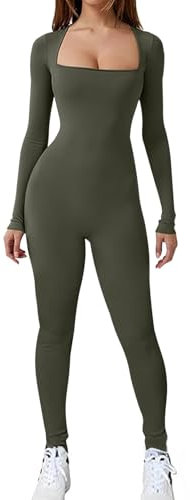 Jetjoy Damen Sport Jumpsuit Lang Yoga Langarm Bodycon Einteiler Ganzkörperanzug Stretch Elegant Jumpsuit eng Eckigem Ausschnitt Gerippte Workout Overall Hosenanzug,Langarm Oliv Grün,M
