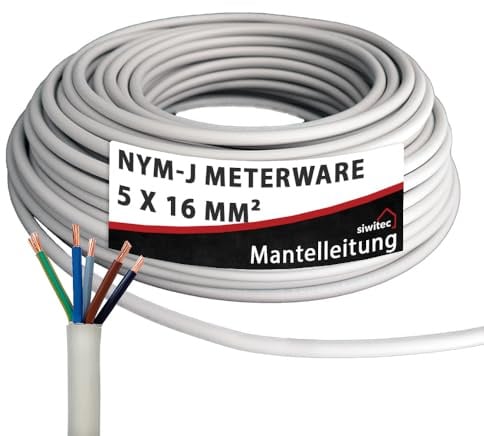 siwitec NYM-J 5x16 mm² Kabel, Mantelleitung, Installationskabel, Feuchtraumkabel in grau, exakt zugeschnittene Meterware in Profi-Qualität, Länge (aktuelle Auswahl) = 13 Meter