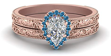 Gemsonclick Hand Engraved Halo Pear Shaped Wedding Ring Set Rose Gold Plated Natural Blue Topaz Pear Shape Blue Color Wedding Ring Sets Prong Setting in Size Z2 Fashion Jewelry RGPR-D363-PEAR-BTO- Z2