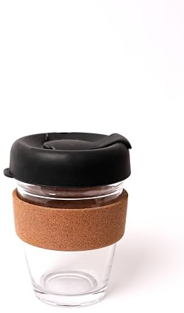 Eco Friendly Reusable Tempered Glass Coffee Cup | Travel Mug with Splash Proof Lid, Brew Cork Band, Lightweight, BPA Free | Medium | 350ml | Filter (Black)