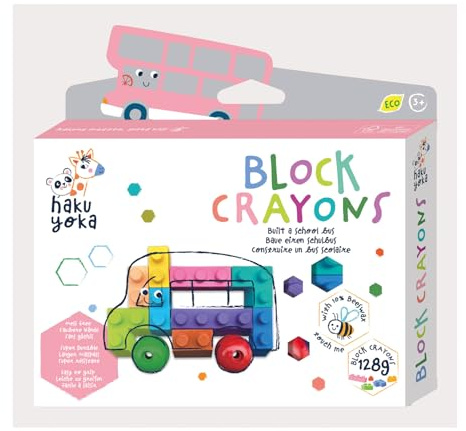 Haku Yoka 6303084 Block Wachsmalkreiden-Set, Schulbus, Wachsmalsteine in kräftigen Farben, Wachmalstifte in Klemmbaustein-Form, ohne Abfärben, für Kinder ab 3 Jahren