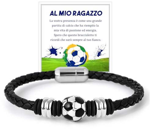 FANCIBAND Herren-Armband Fußball schwarzes Leder, personalisiertes Herren-Armband zum Valentinstag, Geburtstag, Jahrestag für Ihn, Ehemann, Freund, 21.5 centimeters, Leder