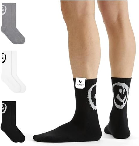von Jungfeld 6er Set Schwarze Tennissocken Damen & Herren in Gr. 35-38 - Lange Socken (Crew Socks) aus Bio-Baumwolle - Strümpfe mit Smiley Statement