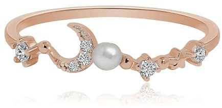 Meissa Zierlicher Mondring, 925 Sterling Silberring mit Perle, einzigartiger Himmelsring, dünner Stapelring, handgefertigte Ringe für Damen, Größe 50 (DE-Größen), Roségold