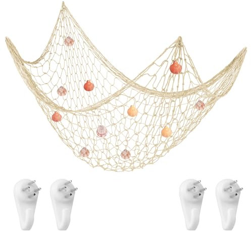 Aolso Fischerei Dekorative, 200×100 cm Wand Deko im Mittelmeerstil Baumwollseil Fotowand für Room Decoration, Strand Themendekoration für Party, Fotonetz im mediterranen Stil(Cremeweiße-Muscheln)