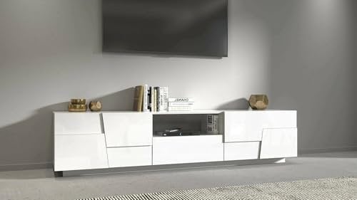 Dmora - Meuble TV Vanni, Buffet Bas de Salon avec 4 Portes et 1 tiroir, Base Meuble TV, 220x44h46 cm, Blanc Brillant