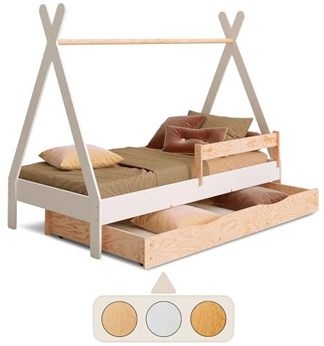 smartwood Hausbett 80x160 - Kinderbett mit Schublade Tipi D Weiß aus Kiefernholz mit FSC-Zertifikat - Rausfallschutz & Lattenrost bis zu 230 kg für Jungen und Mädchen - Einfache Montage