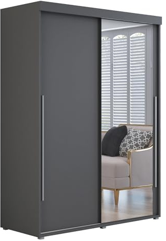 Meble Slupia - Garderobenschrank - Kleiderschrank mit Spiegel und Schiebetüren - 110x202x62cm - Kleider Schrank Schlafzimmer mit Kleiderstange - IGA 01 Anthrazit, Griff Silber