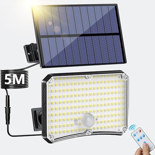 TOPPELIGHT Luz Solar Exterior 200LED Focos Led Exterior Solares con Sensor de Movimiento 4 Modos, IP65 Impermeable Lampara Solar con Mando a Distancia, Luces Solares Led Exterior Jardin